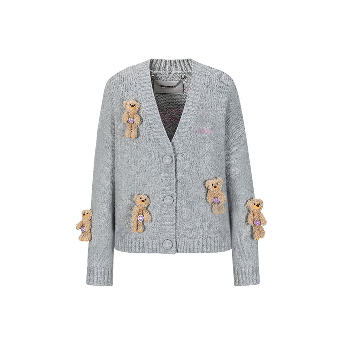 13De Marzo Drilled Bear V-Neck Knit Cardigan Gray