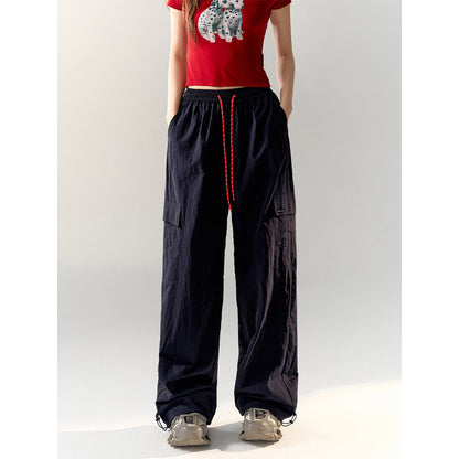 AsGony Contrast Color Drawstring Multi Pockets Cargo Pants Blue