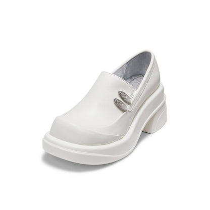 Lost In Echo Round Toe Thick-Soled Heel Leather Shoes White