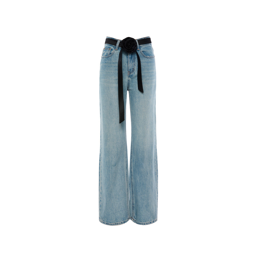 Rocha Roma Contrast Flower Belt Wide Leg Denim Pants