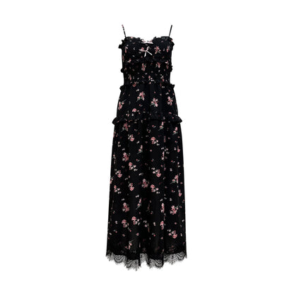 AsGony Lace Patchwork Floral Slip Long Dress Black