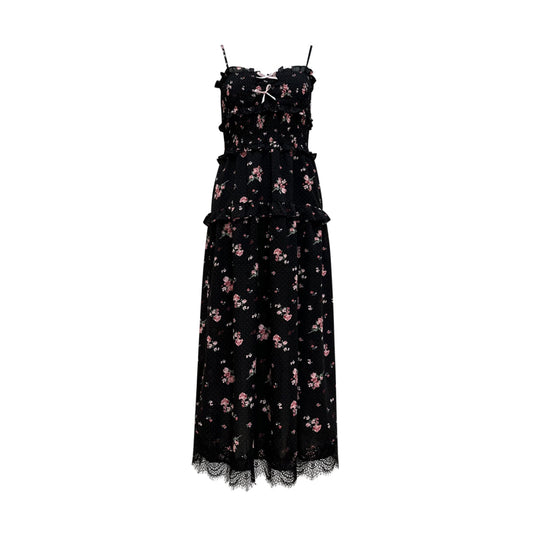 AsGony Lace Patchwork Floral Slip Long Dress Black