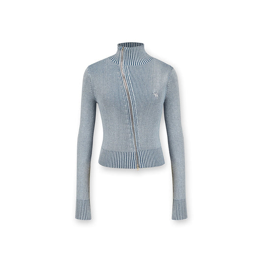 NotAwear Washed Irregular Zip Up Knit Top Blue