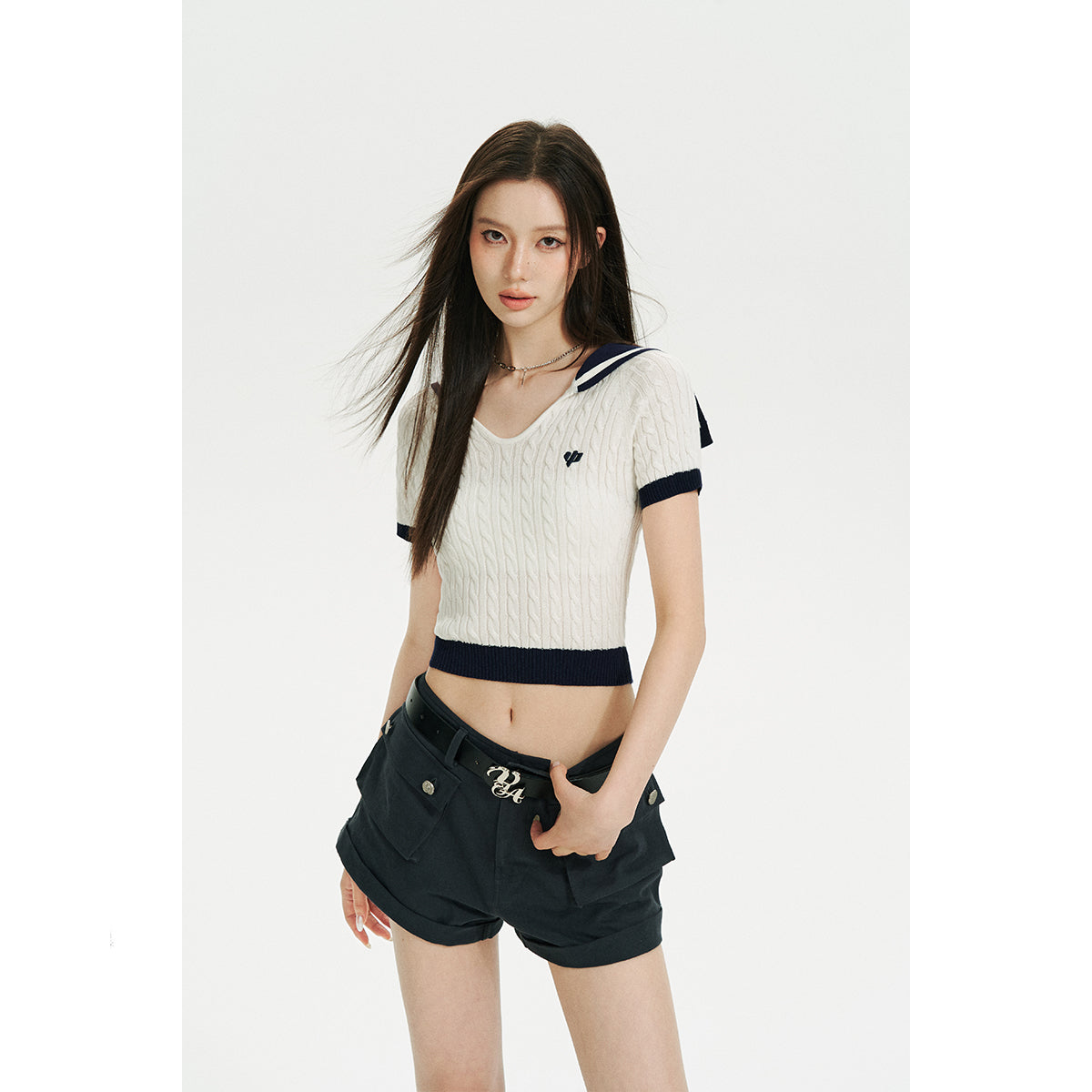 Via Pitti Embroidery Logo Sailor Collar Knit Crop Top White