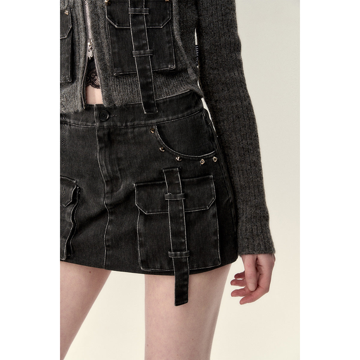 Via Pitti Washed Denim Cargo Skirt Shorts Black