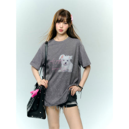 AsGony Puppy Printed T-Shirt Washed Grey