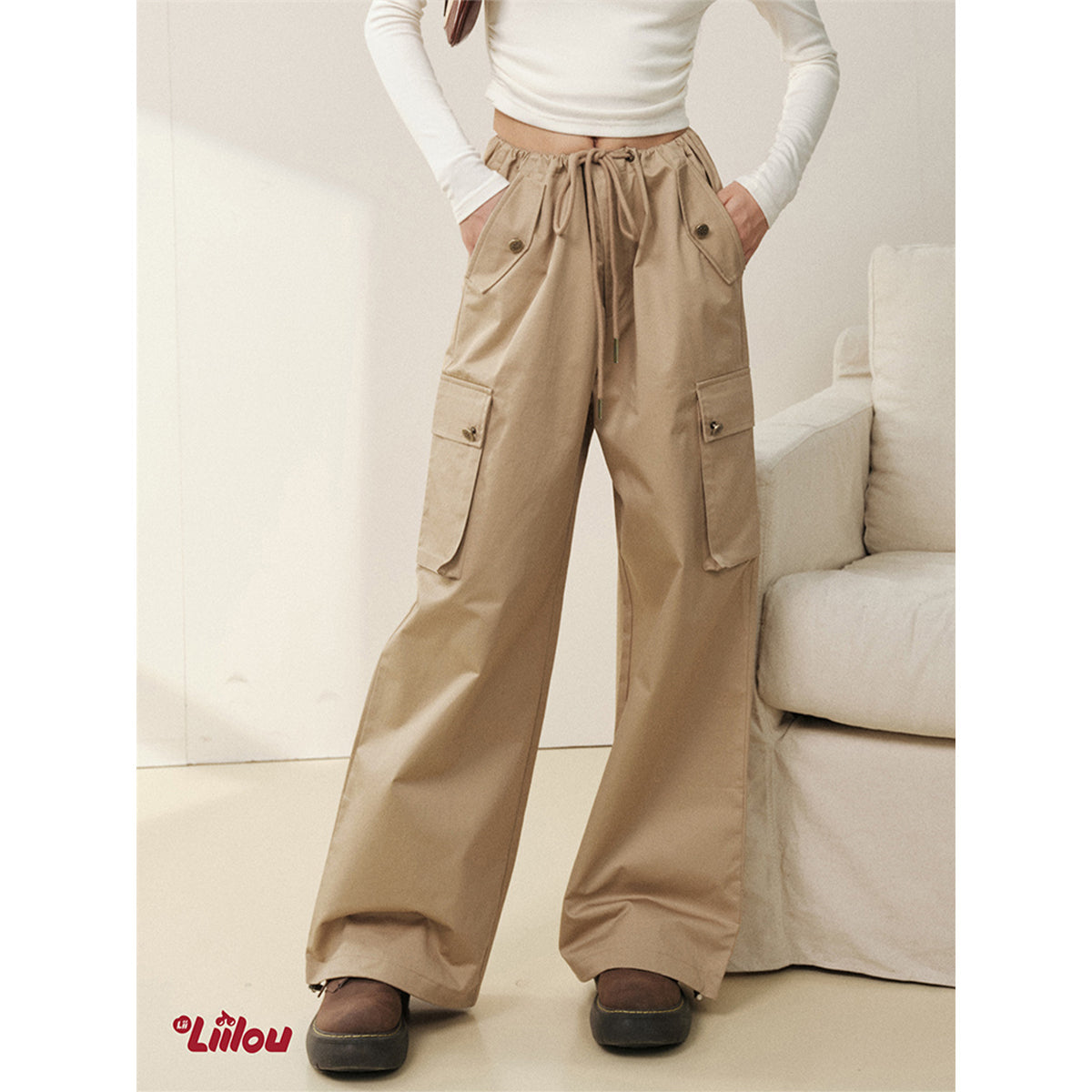 Liilou Vintage Pocket Drawstring Straight-Leg Cargo Pants