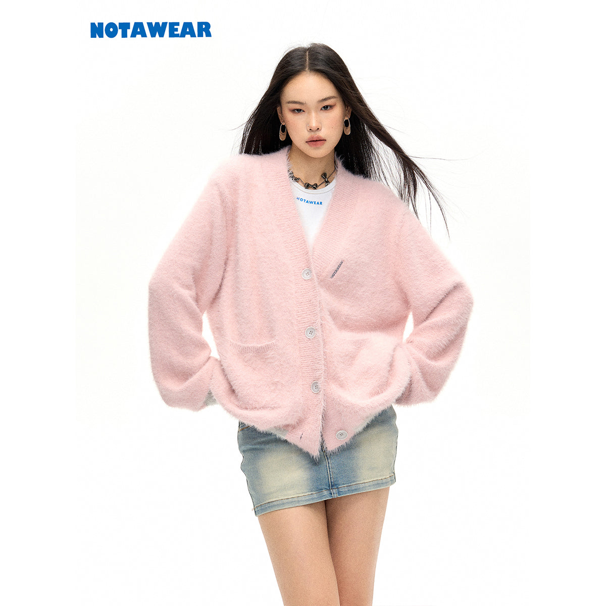 NotAwear Color Blocked Fluffy Faux Mink Cardigan Pink