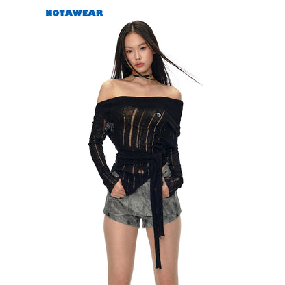 NotaWear Destroy Cutting Off-Shoulder Knit Sweater Black