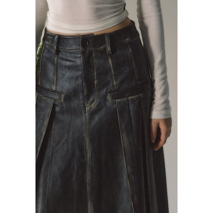 Via Pitti Brush-Off Leather Pleated Long Skirt Black