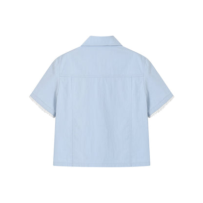 SomeSowe Lace Edge Draping Polo Shirt Top Blue