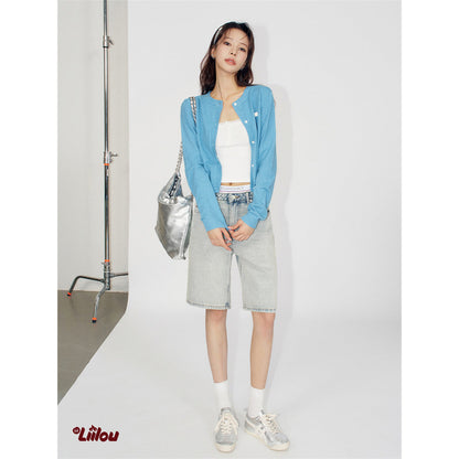 Liilou Embroidery Logo Knit Cardigan Blue