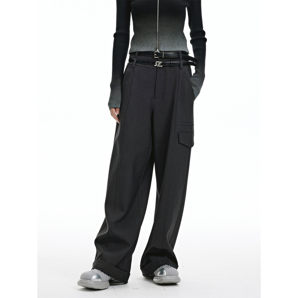 Revan Double Waist Belt Cargo Pants Dark Grey