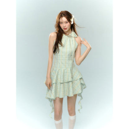 AsGony Bow Tie Ribbon Ruffled Plaid Halter Dress Green