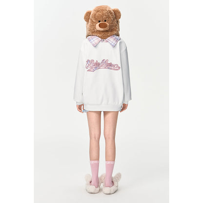 13De Marzo Bear Hood Zip Up Fuzzy Hoodie White