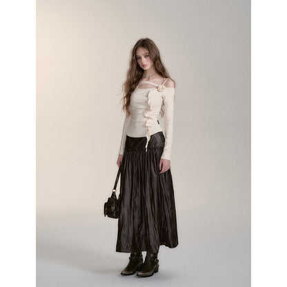 Via Pitti Rivet PU Leather Pleated Long Skirt Brown