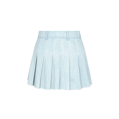 Three Quarters Pleated Denim Skirt Blue