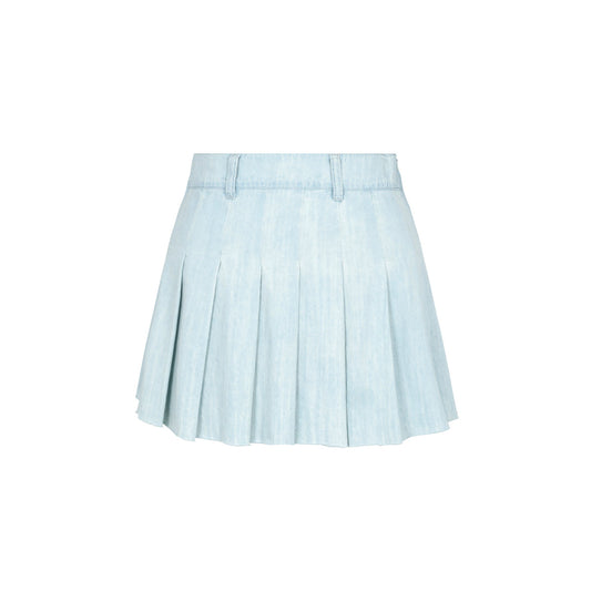 Three Quarters Pleated Denim Skirt Blue