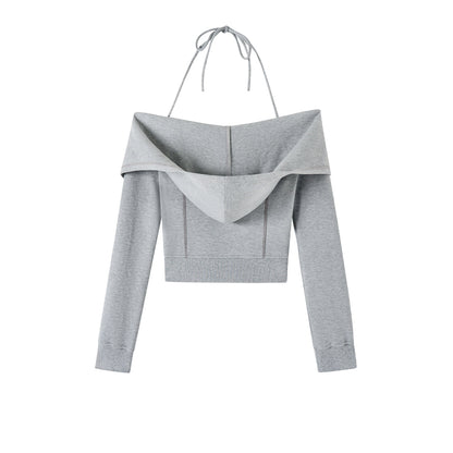 Via Pitti Lapel Zip-Up Strap Sweat Top Grey