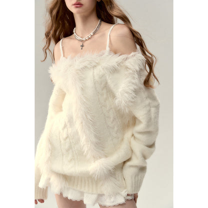 Via Pitti Off Shoulder Fur Integrated Knit Sweater White