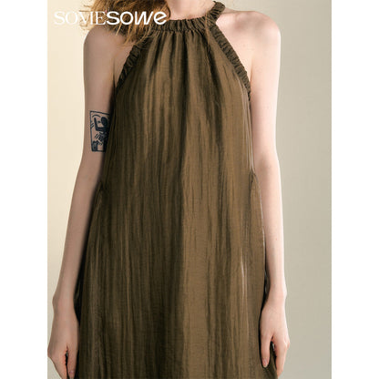 SomeSowe Pleated Texture Halter Dress Brown