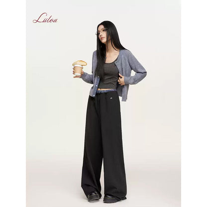 Liilou Plaid Patchwork Drawstring Striped Pants Dark Grey