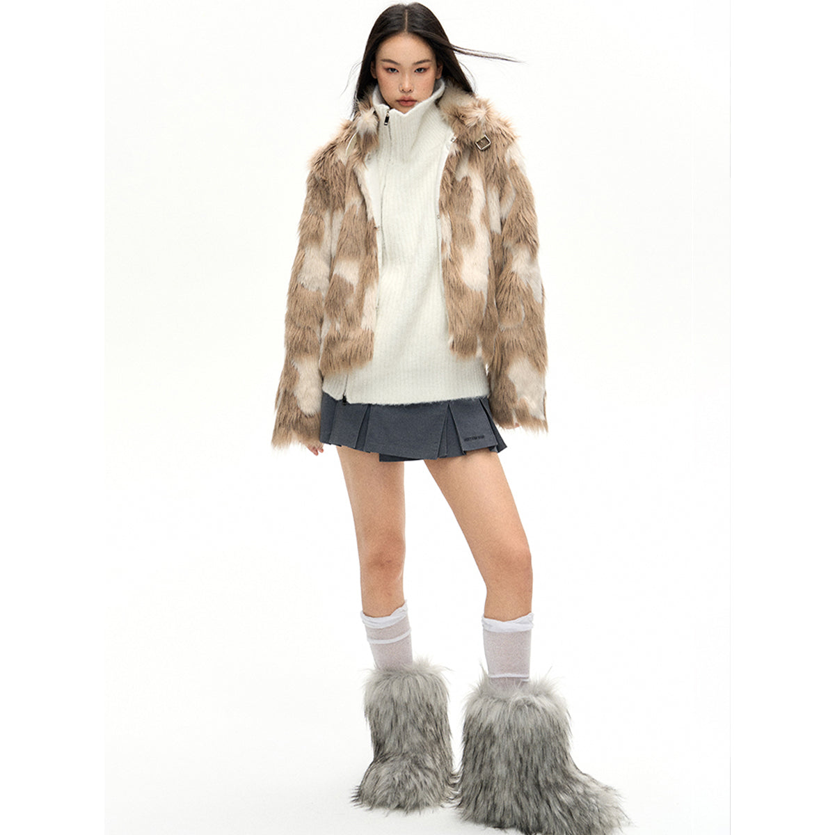 NotAwear Color Blocked Eco-Friendly Rabbit Fur Khaki