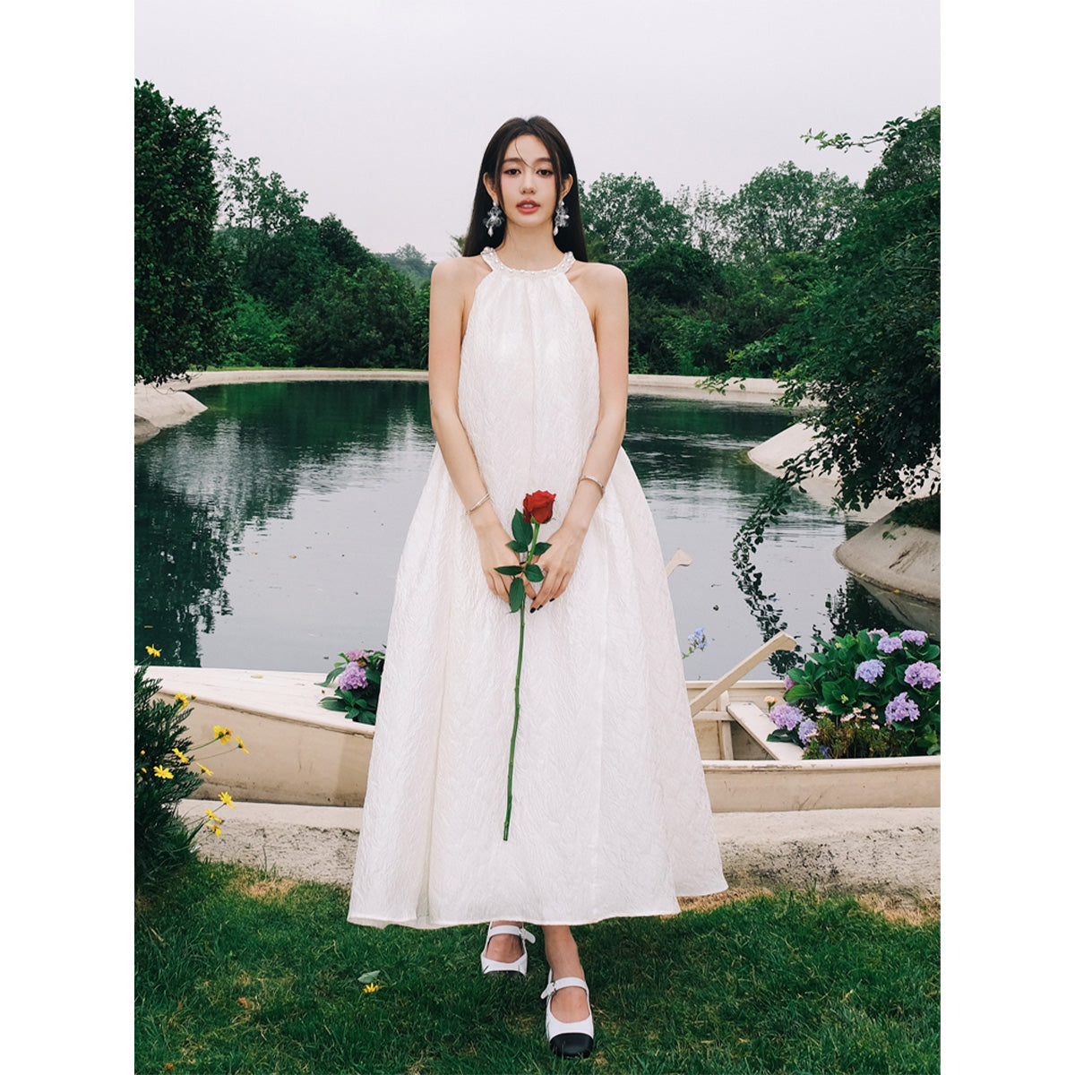 Marc Moore Hand Beaded Halter Jacquard Pleated Long Dress White