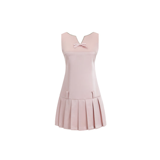 Three Quarters Small V-Neck Pleated Dress Pink