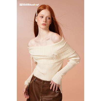 Wildshadow Off-Shoulder Drawstring Knit Top Cream