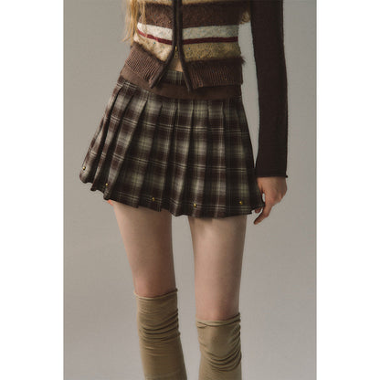 Via Pitti Rivet Suede Leather Patchwork Pleated Plaid Skirt Brown