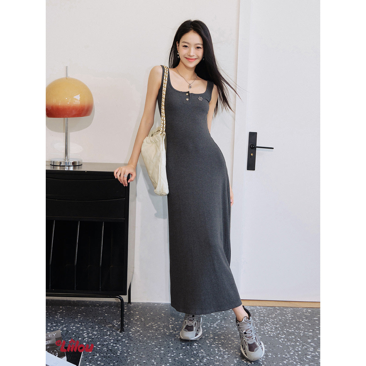 Liilou Classic Square Neck Slim Long Dress Grey