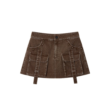 Via Pitti Washed Denim Cargo Skirt Shorts Brown