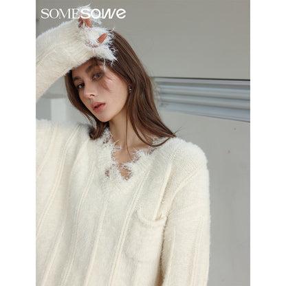 SomeSowe Destroy Faux Mink V-Neck Sweater White