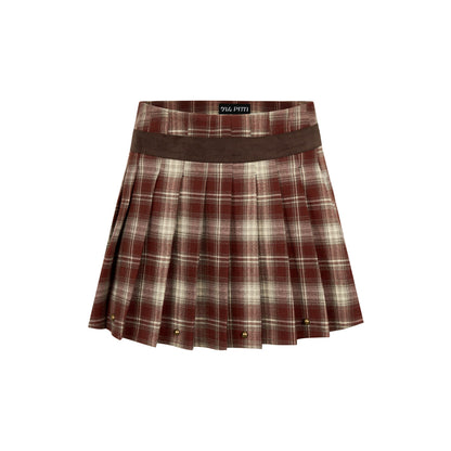 Via Pitti Rivet Suede Leather Patchwork Pleated Plaid Skirt Red