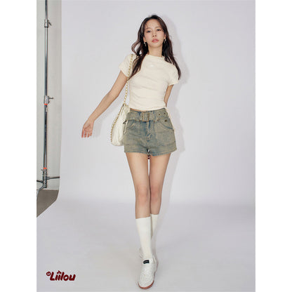 Liilou A-Line Belt Washed Denim Shorts