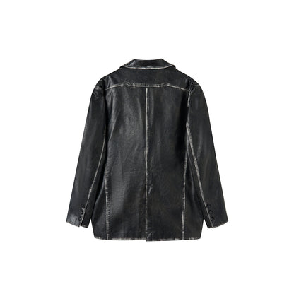 Via Pitti Distressed Heavy Washed Leather Jacket Black