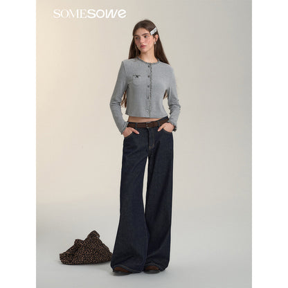 SomeSowe Bow Lace Knit Cardigan Gray