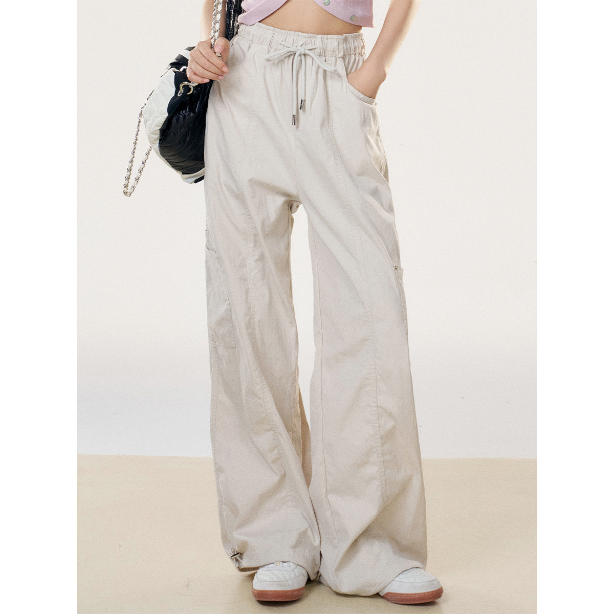 Liilou Drawstring Lace-Up Wide-Leg Cargo Pants Apricot