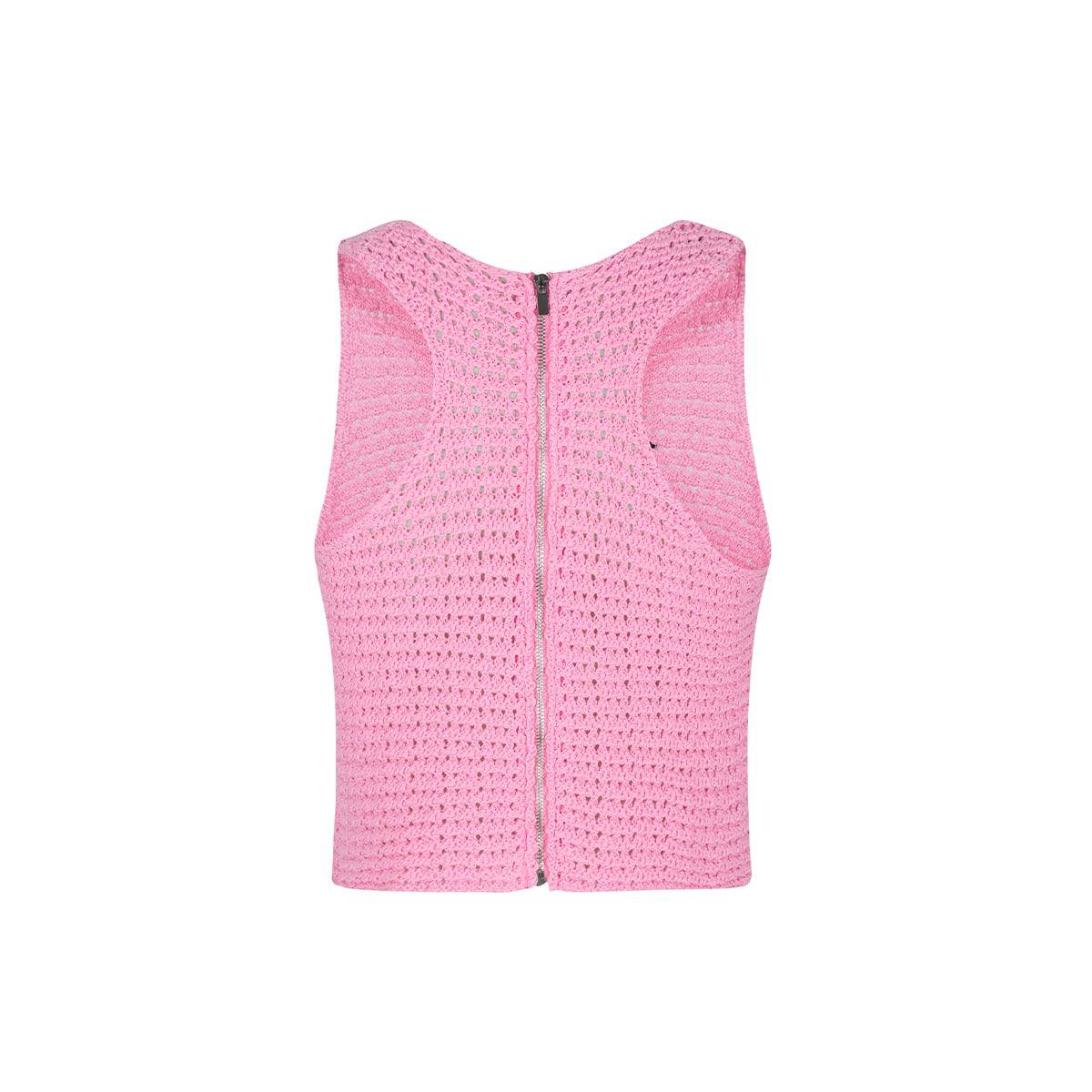 Three Quarters Logo Crochet Zip-Up Vest Top Pink