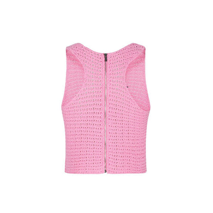 Three Quarters Logo Crochet Zip-Up Vest Top Pink