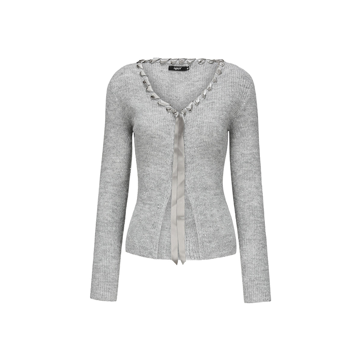 AGAM Ribbon Woolen Knit V-Neck Cardigan Gray