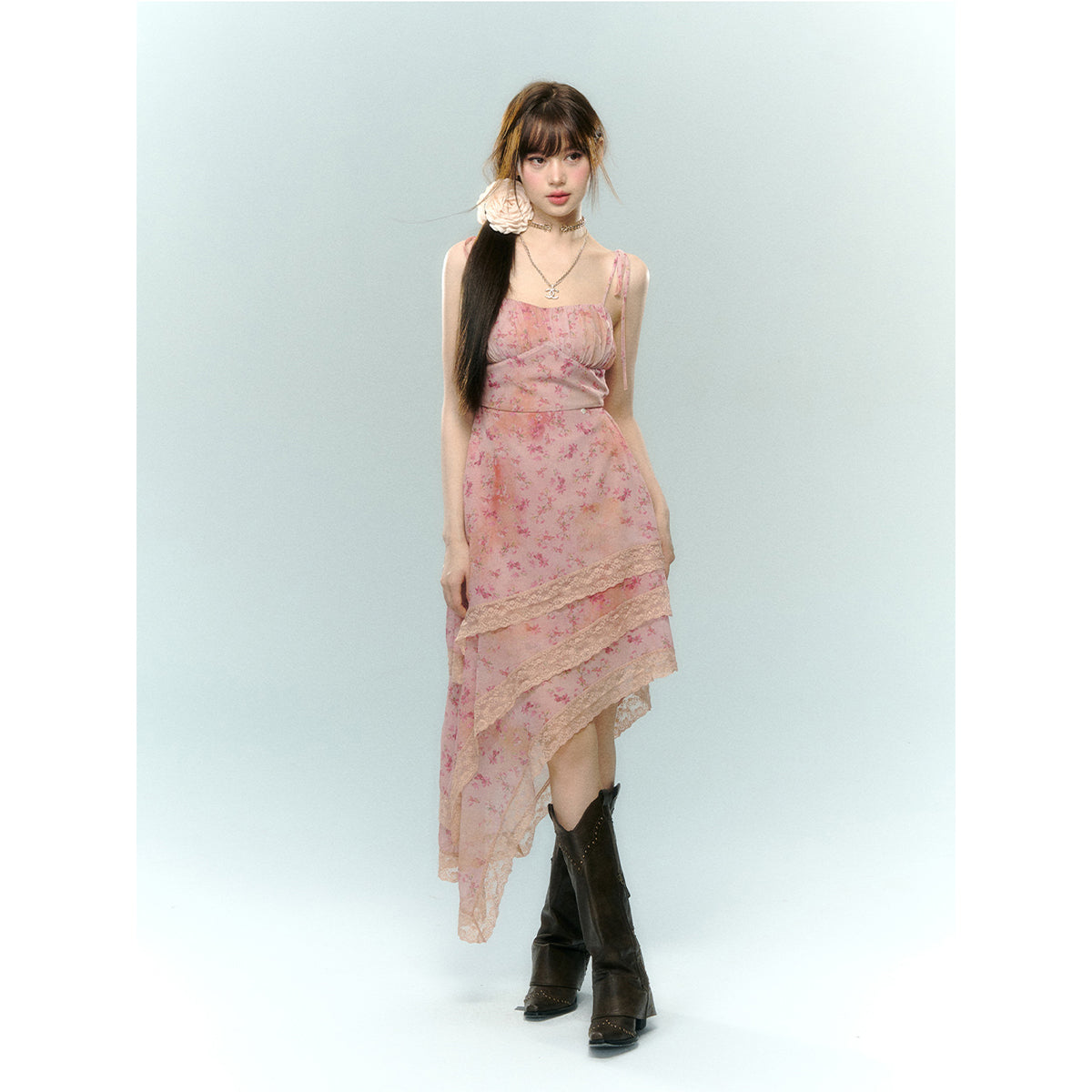 AsGony Irregular Lace Patchwork Floral Slip Dress