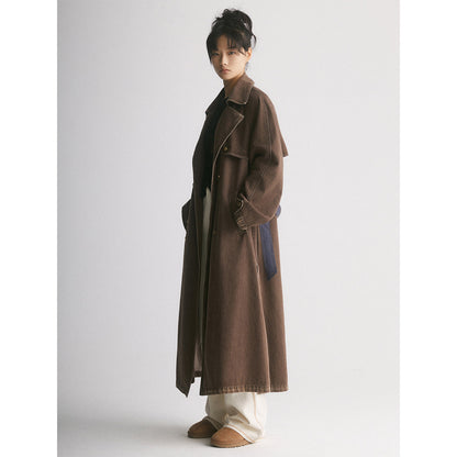 IFIK Color Blocked Long Denim Belt Coat Brown