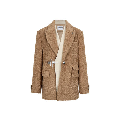 Via Pitti Fake-2-Piece Thicken Fleece Blazer Brown