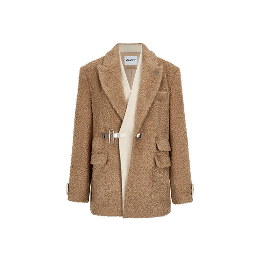 Via Pitti Fake-2-Piece Thicken Fleece Blazer Brown