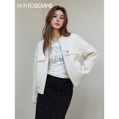 SomeSowe Star Embroidery Loop Woolen Jacket White