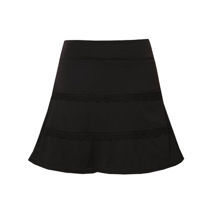 Kroche Lace Edge Patchwork Pleated Skirt Black