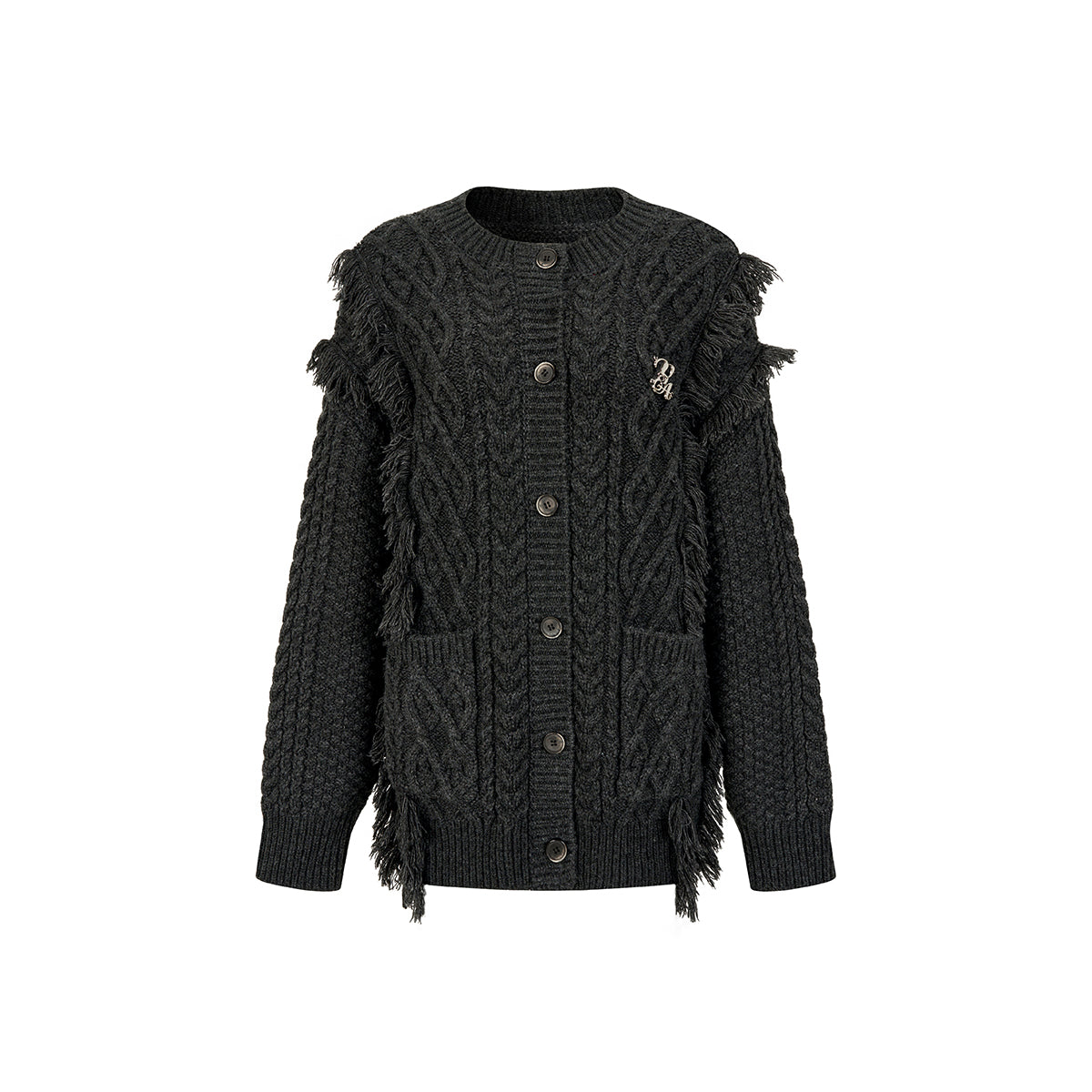 Via Pitti Heavy Twist Metal Logo Knit Cardigan Dark Gray