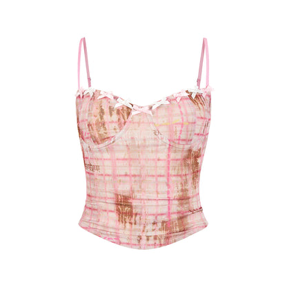 Via Pitti Heavy Plaid Bow Gauze Slip Vest Pink